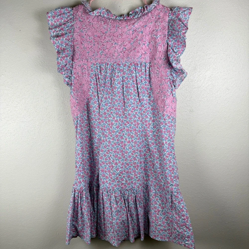 J. Marie Pink Blue Floral Embroidered Ruffle Flutter Sleeve Mini Dress XS